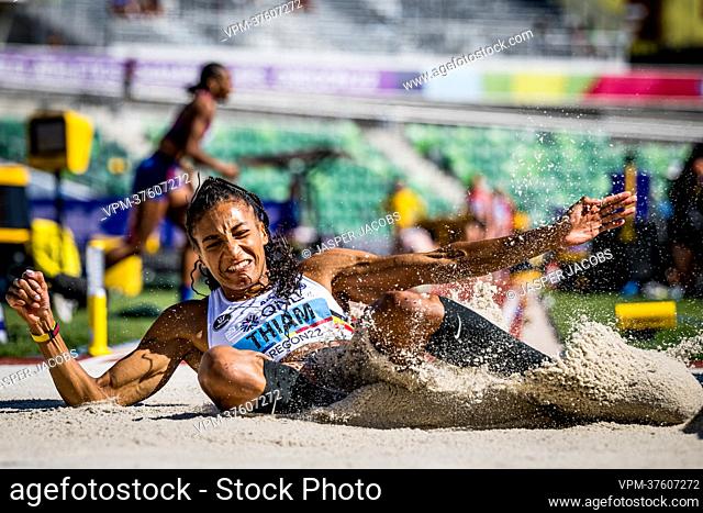Belgian Nafissatou Nafi Thiam pictured in action during the long jump competition, part of the women's heptathlon, at the 19th IAAF World Athletics...