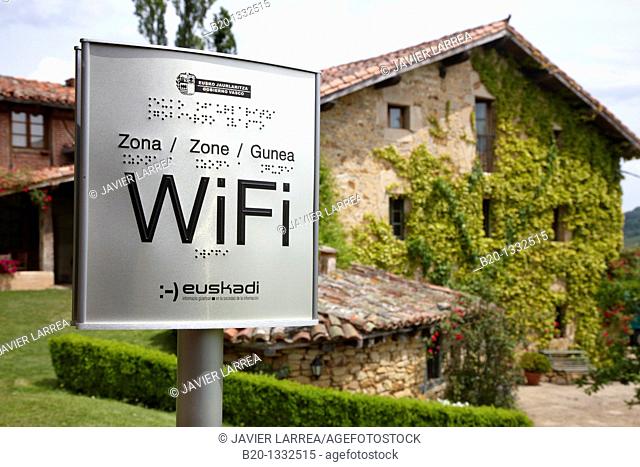 WiFi sign at farmhouse, rural tourism, Guikuri, Murua, Alava, Euskadi, Spain