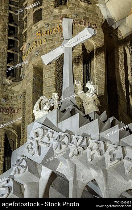Passion Facade of the Basilica of the Sagrada Familia at night (Barcelona, Catalonia, Spain)