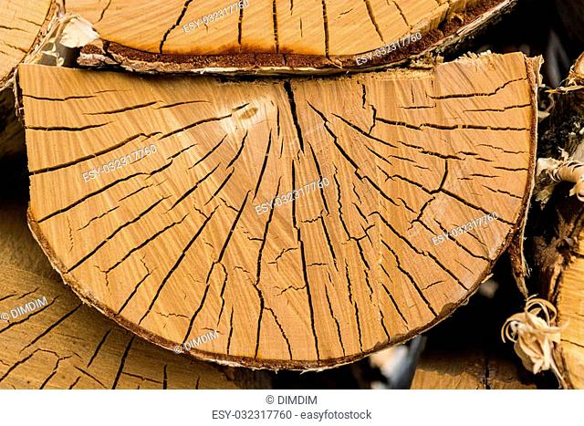 Natural semi-circular piece of wood in a woodpile flaunts in the summer sun