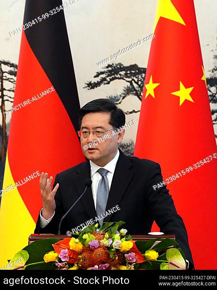 14 April 2023, China, Peking: Chinese Foreign Minister Qin Gang speaks at the State Guest House during a joint press conference with German Foreign Minister...