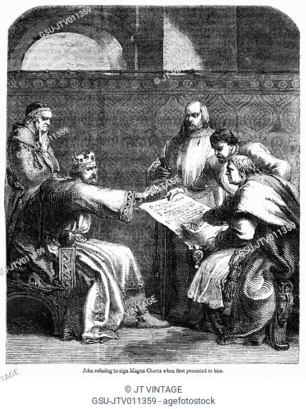 John refusing to sign Magna Charta when first presented to him, Illustration from John Cassell's Illustrated History of England, Vol