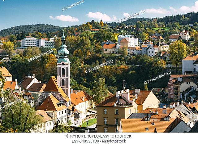 Cityscape of Cesky Krumlov, Czech republic. Sunny autumn day. UNESCO World Heritage Site