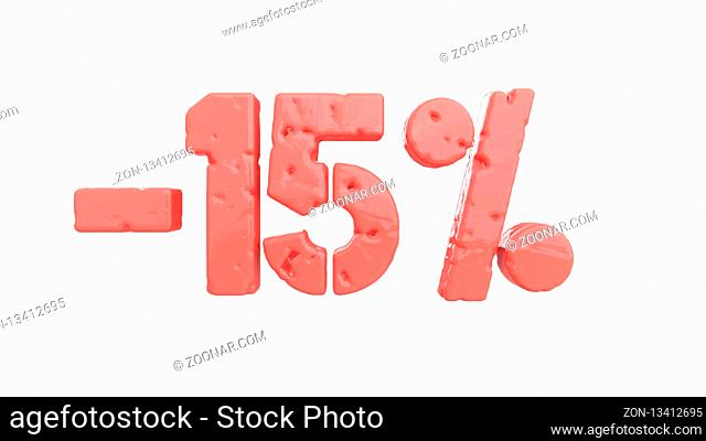 The sign -15off. Made of living coral pink material isolate on white background. 3d illustration