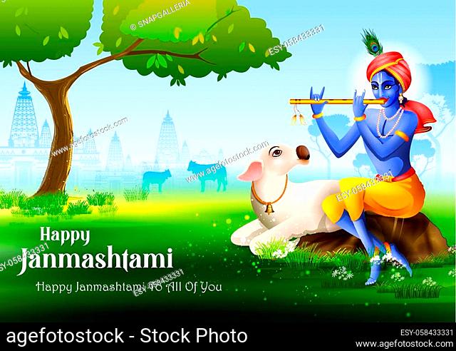 Kanha with Cow on Krishna Janmashtami background in vector, Stock Vector,  Vector And Low Budget Royalty Free Image. Pic. ESY-056674256 | agefotostock