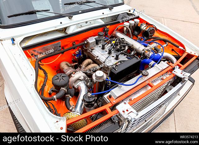 Samara, Russia - May 19, 2018: Tuned turbo car engine in Lada vehicle, under the hood of a vehicle