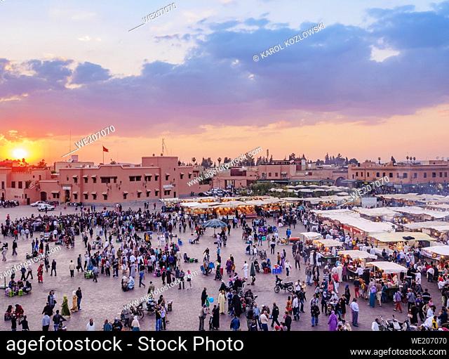 Jemaa el-Fnaa or Jemaa el-Fna at sunset, square and market in the Old Medina, Marrakesh, Marrakesh-Safi Region, Morocco