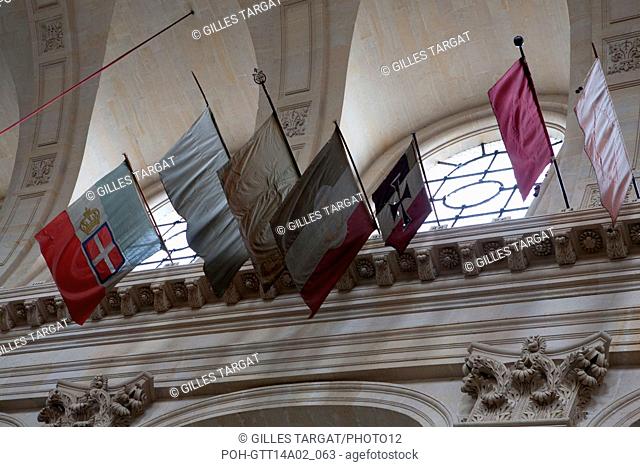 Paris, Cathedral of Saint Louis des Invalides, nave with flags taken from the enemy by the troops of Napoleon I, Photo Gilles Targat
