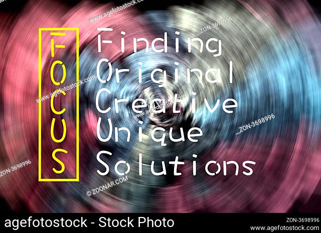 Focus acronym for Finding, Original, Creative, Unique, Solutions written on a blackboard