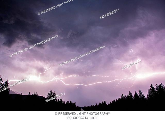 Lightning in sky over Canadian Rocky Mountains, Kootenay Region, Fernie, British Columbia, Canada