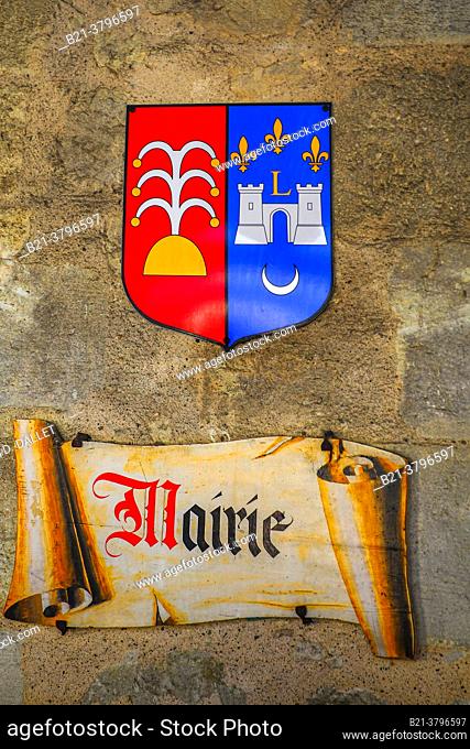 France, Nouvelle Aquitaine, Gironde, Mairie (townhall) sign at Monsegur