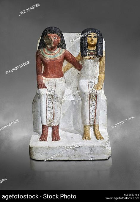 Ancient Egyptian statue of Amenmes and his wife Taka, New Kingdom, 18th Dynasty, (1480-1390 BC), Thebes Necropolis. Egyptian Museum, Turin