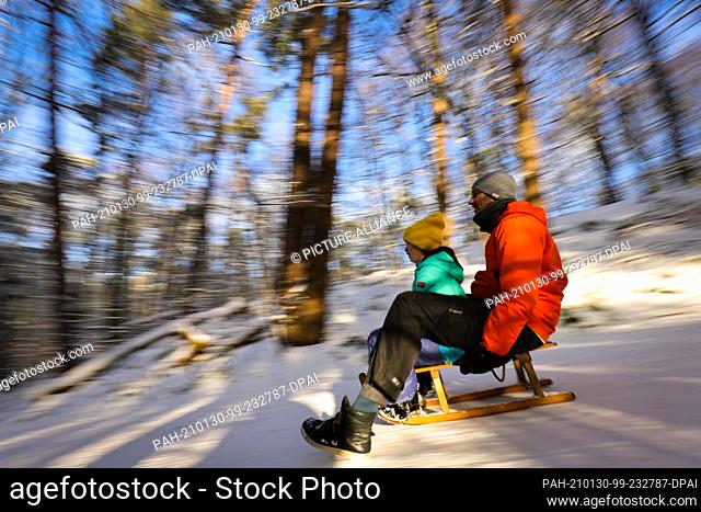 30 January 2021, Hamburg: Father and son toboggan down a small forest path in the Volkspark in bright sunshine and fresh snow