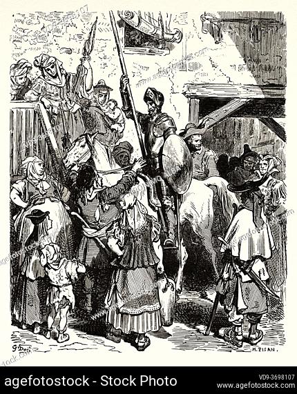 Don Quixote and Innkeeper. Don Quixote by Miguel de Cervantes Saavedra. Old XIX century engraving illustration by Gustave Dore