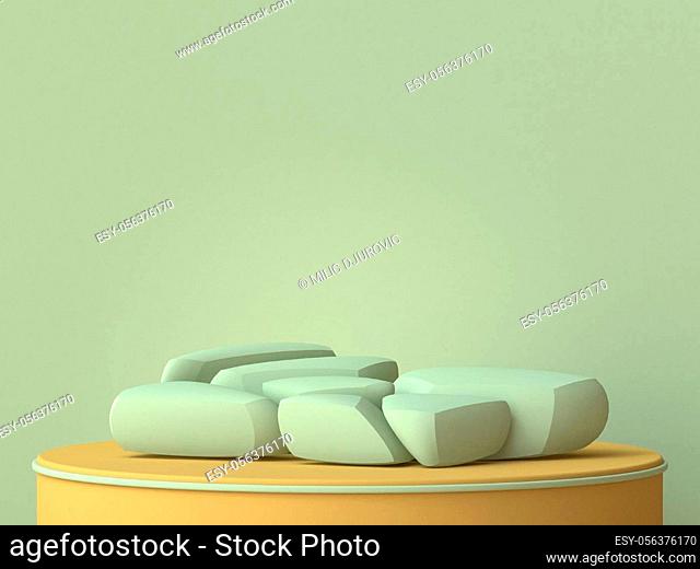 Abstract mock up with green rocks 3D render illustration on green background
