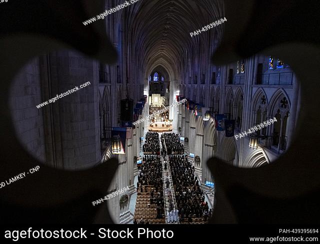 The casket carrying the retired Associate Justice of the Supreme Court Sandra Day O'Connor departs the Washington National Cathedral following the funeral...