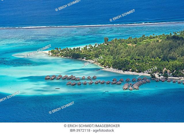 Aerial view, overwater bungalows on the coast, Bora Bora, French Polynesia