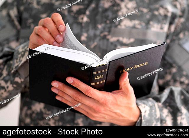 Patriotic Military Army Soldier Reading Bible In Uniform