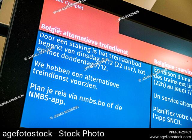 Illustration picture shows a sign announcing delays due to a strike during a 48 hour strike of Belgian railway company NMBS-SNCB