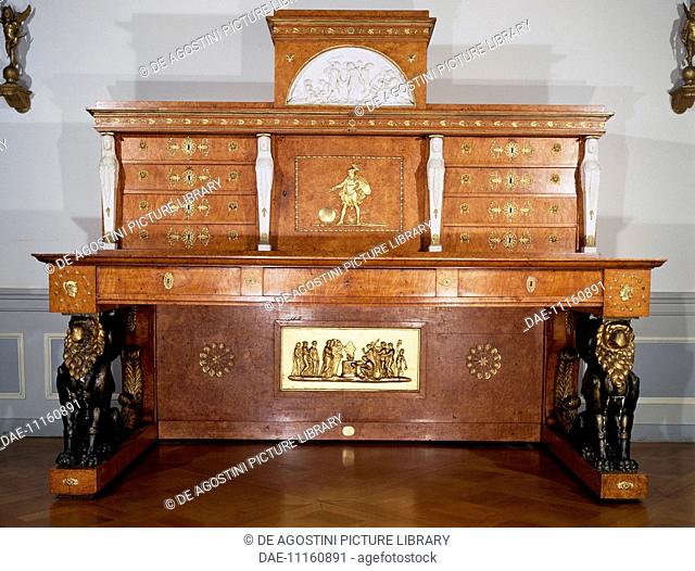 Empire style writing desk with marble decoration and winged sphinx-shaped supports, 1810-1811, by F Wichmann. Germany, 19th century