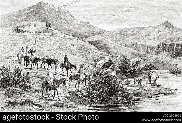 On the way down from the Caid's house. Traras mountains, Northwest Algeria, Africa. Old 19th century engraved illustration