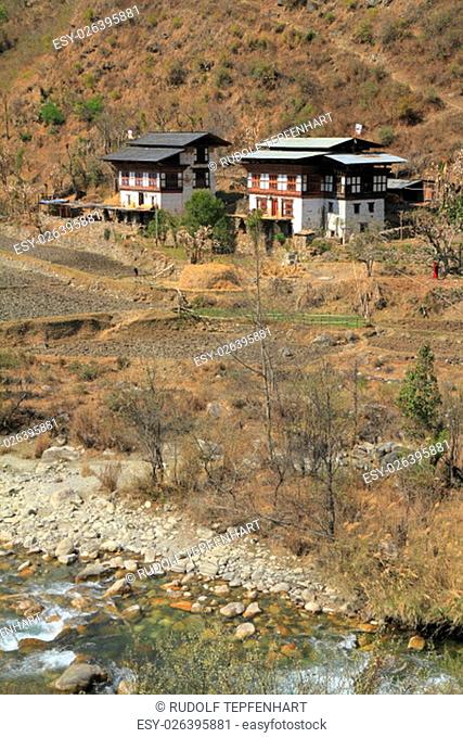 Typical Bhutanese architecture in central Bhutan