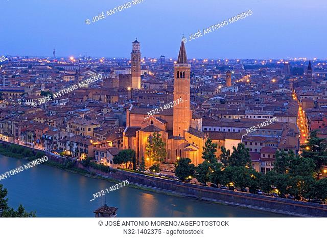 Verona  Santa Anastasia church and Torre dei Lamberti at Dusk  Adige river  Veneto  Italy  Europe