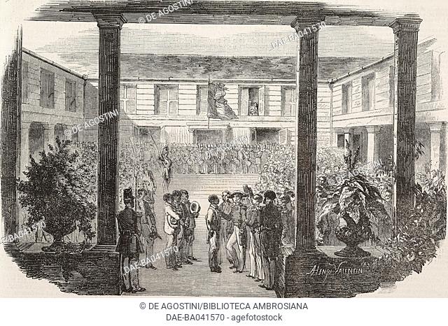 Admiral Vaillant, governor of Martinique, distributing gold medals to the farmers who distinguished themselves in their work, Fort de France, Martinique
