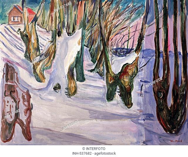 fine arts, Munch, Edvard, (1863 - 1944), painting, 'winter landscape with house', circa 1916, oil on canvas, 90 cm x 70 cm, private collection, Oslo, historic