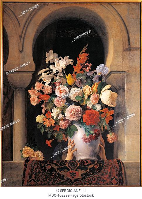 Flowers, by Francesco Hayez, 19th Century, oil on canvas, cm 125 x 94, 5. Italy, Lombardy, Milan, Brera art gallery. Vase flowers hands carnations lilies roses...