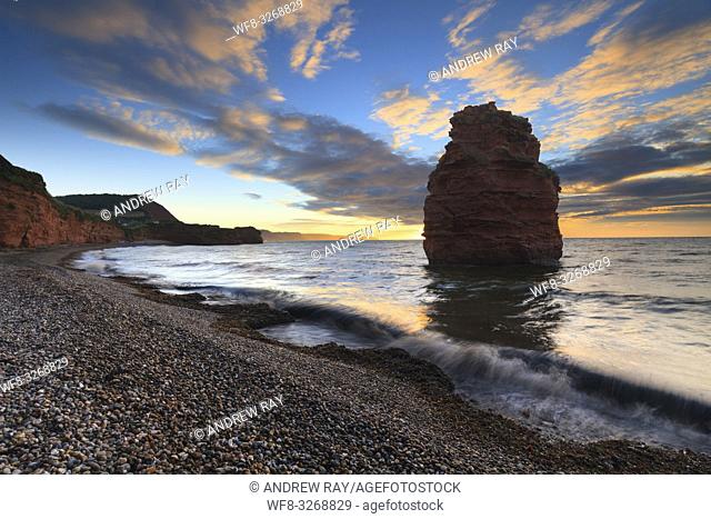 A sandstone sea stack at Ladram Bay near Sidmouth in South East Devon, captured at sunrise in mid September