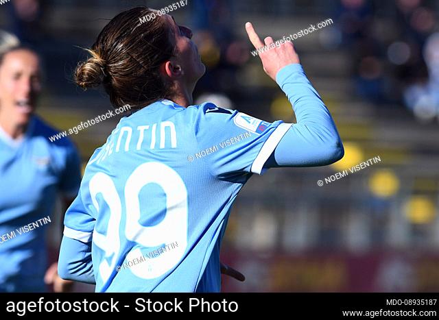 The player of Lazio Noemi Visentin celebrating after score the goal during the match Roma woman-Lazio woman at the Tre Fontane Stadium