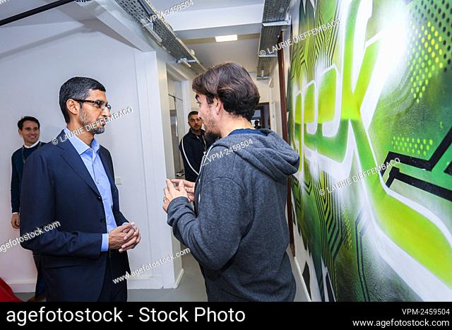 Molengeek Ibrahim Ouassari and Alphabet CEO Sundar Pichai pictured during a visit to the 'MolenGeek' coding school and technology co-working space in...