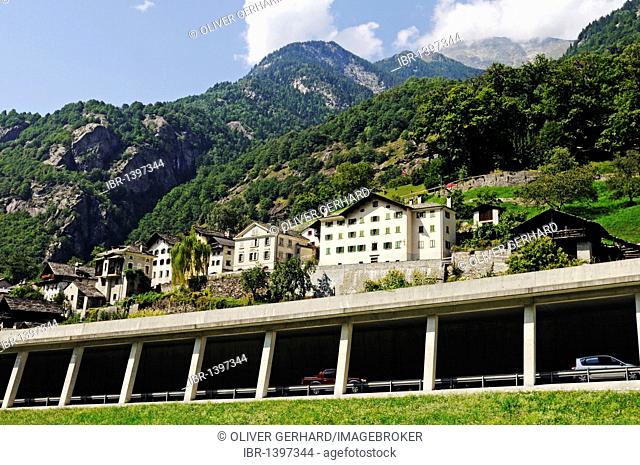 Bypass with tunnel in the village of Castasegna, hiking trail Via Bragaglia, Bergell Valley, Val Bregaglia, Engadin, Graubuenden, Grisons, Switzerland, Europe