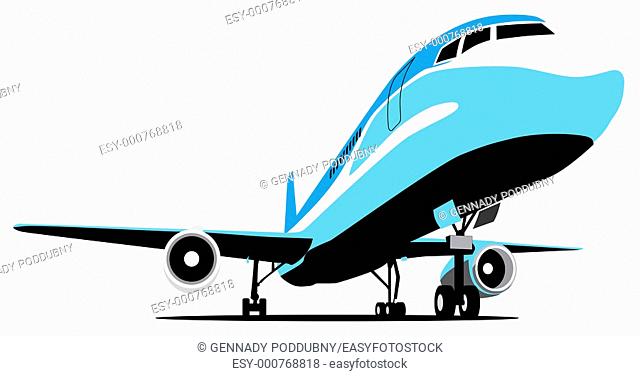 vectorial image of passenger airplane isolated on white background, executed in restrained gamut