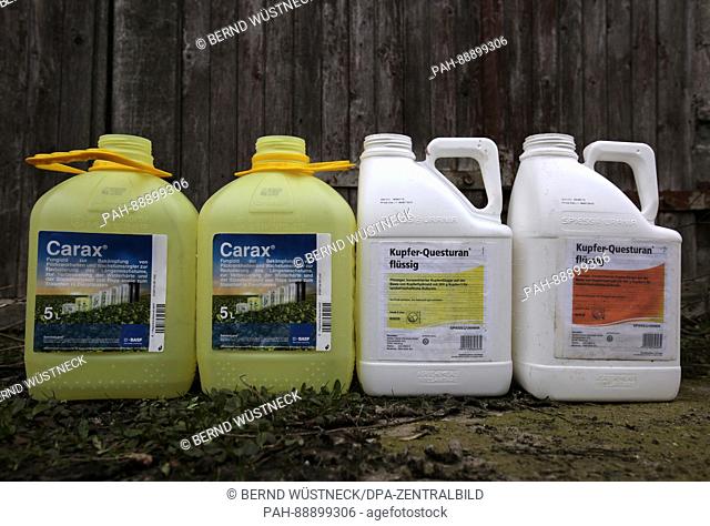 Empty pesticide containers on the premises of the agricultural firm Albrechtshof GmbH in Neuenkirchen, Germany, 08 March 2017