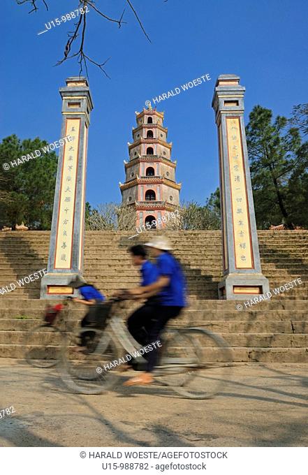 Asia, Vietnam, Hue  Thap Phuoc Duyen Source of Happiness Tower at Thien Mu Heavenly Lady Pagoda  Designated a UNESCO World Heritage Site in 1993