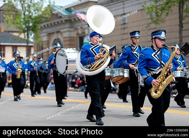 Stoughton, Wisconsin, USA - May 20, 2018: Annual Norwegian Parade, Members of the Cambridge Blue Jays High School Marching Band, performing during the parade
