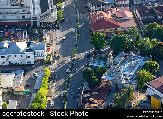 George Town, Penang/Malaysia - Jun 25 2017: Aerial view Hindu Mosque with shadow