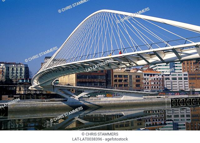 Zubizuri Bridge. Architect Santiago Calatrava. Curved shape from underneath. Reflection in River Nervion. Basque country