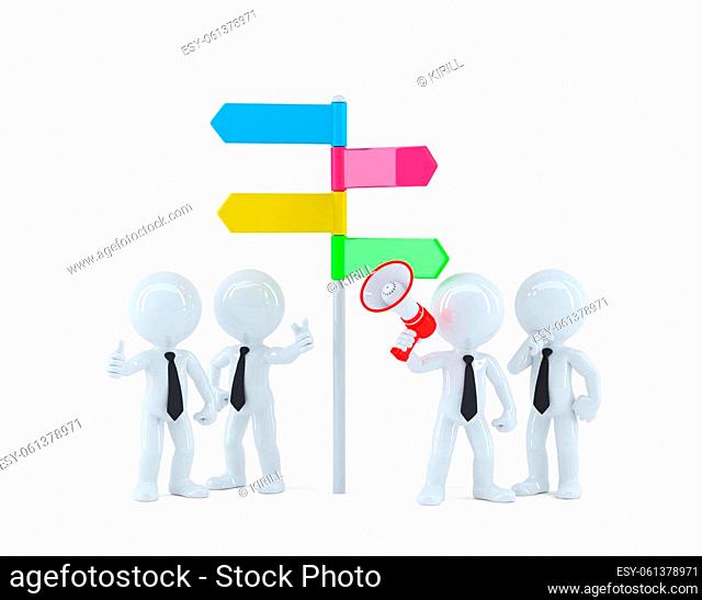 Business team in front of a direction sign. Business concept. Isolated on white background