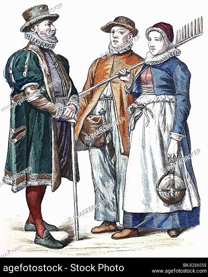 Folk traditional costume, clothing, history of costumes, merchant from Rostock and peasants from Rostock, traditional costumes from Germany, 16th century
