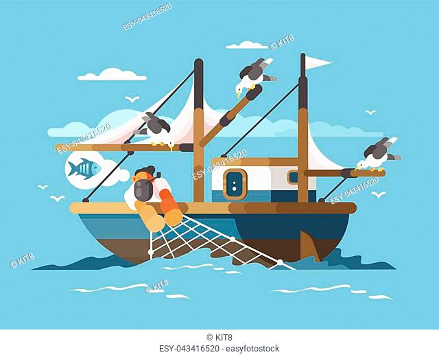 Fisherman pulls fishing net from sea with fish. Vector illustration