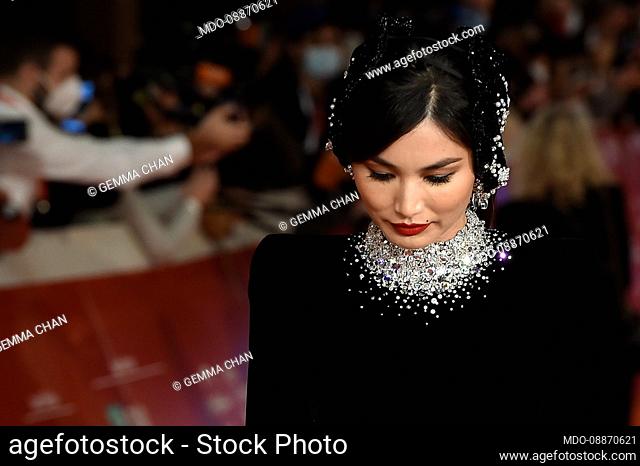 Chinese-born British actress and former model Gemma Chan (Miss Sohee dress - Swarovski) at Rome Film Fest 2021. Eternals Red Carpet