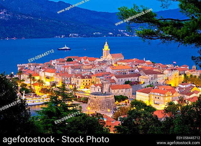 Historic town of Korcula evening view from above, tourist destination in archipelago of southern Dalmatia, Croatia