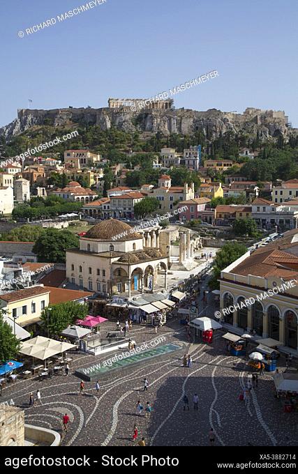 Monastiraki Square (foreground), The Acropolis (background), Athens, Greece