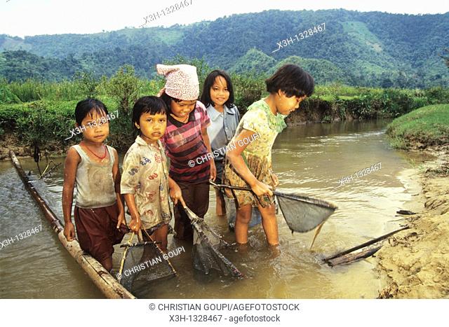 children fishing with landing net in a river, Sumatra island, Republic of Indonesia, Southeast Asia and Oceania