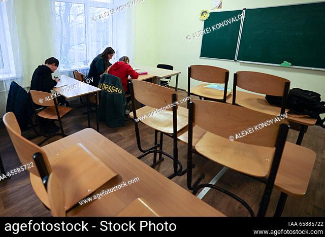 RUSSIA, ZAPOROZHYE REGION - DECEMBER 18, 2023: Kids in a classroom at school No 4 in the town of Pologi. The school has 440 students who come from nearby...