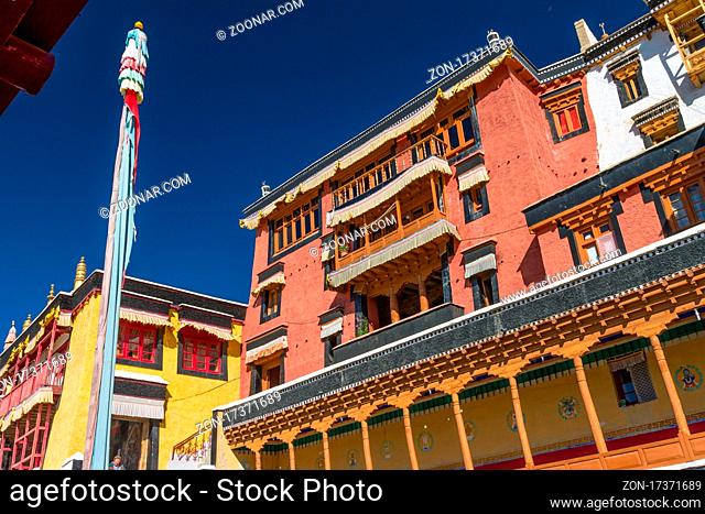 A part of the Thikse Gompa photograped from the inner courtyard. Thikse is a large monastery in Central Ladakh. It belongs to the Gelug-pa order of the Tibetan...