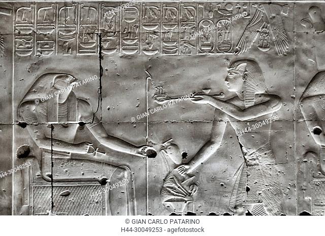 Abydos, Egypt, the mortuary temple of pharaoh Seti I, Menmaatra, (XIX° dyn. 1321-1186 B.C.) - The king incenses the god Horus